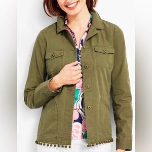 Talbots Pom-Pom Utility Jacket Moss Green Medium with Pockets 100% Cotton